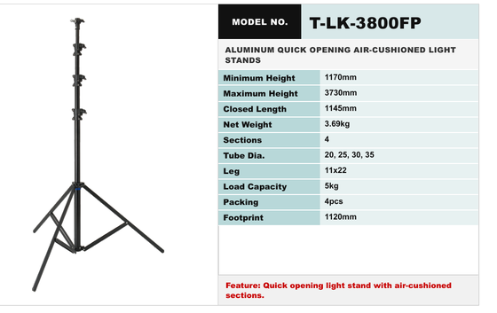 TLK Series Quick-Release Light Stand with High-Strength Aluminum Alloy, 5 kg Load Capacity, and Quick-Release Leg Mechanism