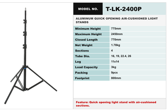 TLK Series Quick-Release Light Stand with High-Strength Aluminum Alloy, 5 kg Load Capacity, and Quick-Release Leg Mechanism